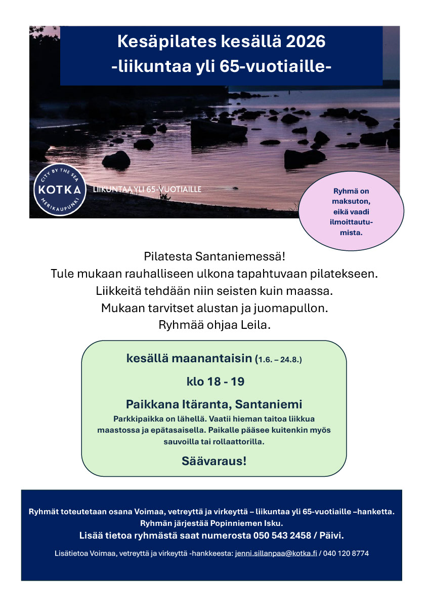 Pilatesta Santaniemessä. 1.6. - 24.8. Maanantaisin klo 18-19 säävarauksin